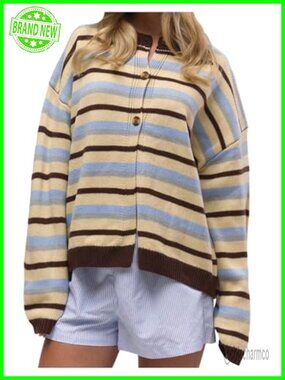 Oversized Striped Cardigan Button Up Long Sleeve Acrylic Sweater